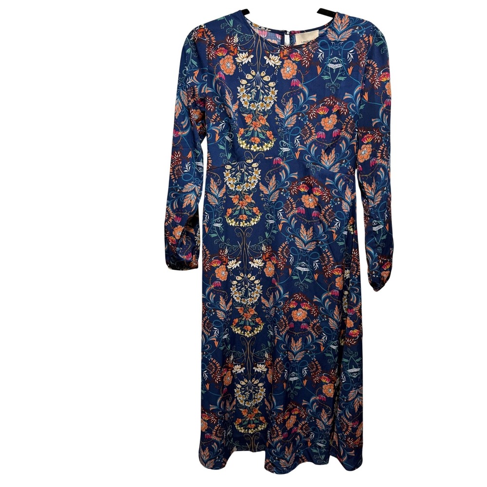 I.Madeline Navy‎ Blue Floral Damask Empire Waist Midi Dress Small
